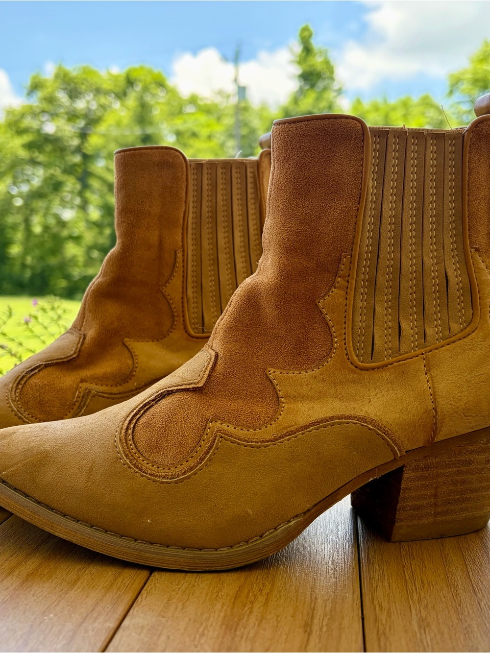 Mi.iM Tan Suede Western-Inspired Ankle Boots